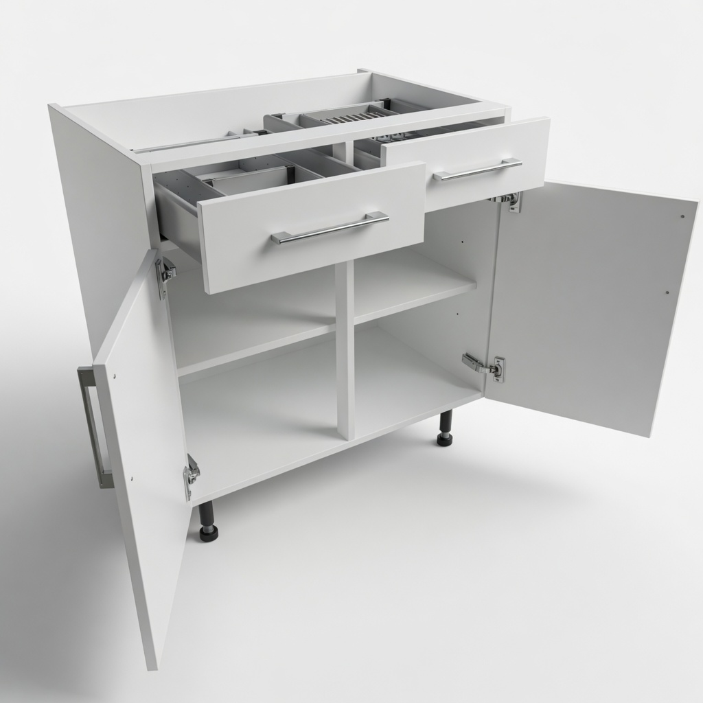 White rigid base kitchen cabinet with drawers, doors and internal shelving
