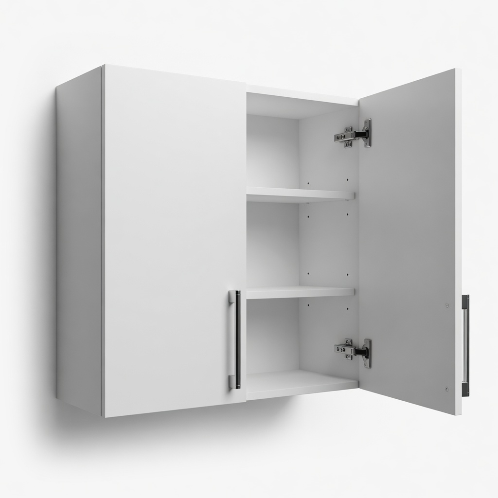 White rigid wall kitchen cabinet with open doors, shelves and soft-close hinges